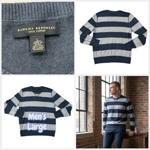 Men’s Banana Republic Large 42 44 Crew Sweater Striped Silk Linen Blue Gray EUC